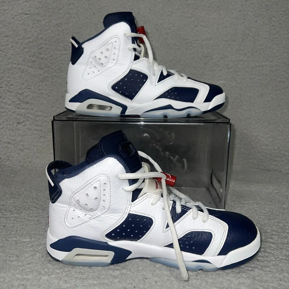 Nike Air Jordan 6 Retro Olympic Sneakers Youth 4.5Y Blue White Shoes 384665-164